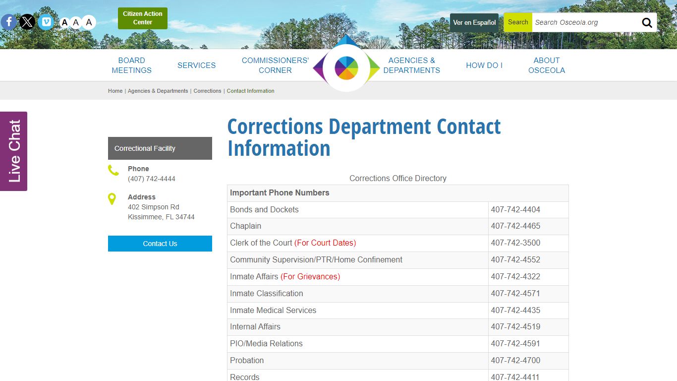 Corrections Department Contact Information - Osceola County, Florida